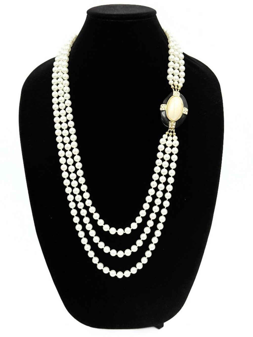 Vintage Inspired Faux Pearl Fancy Clasp Enamel Rhinestones 3 Strand Necklace